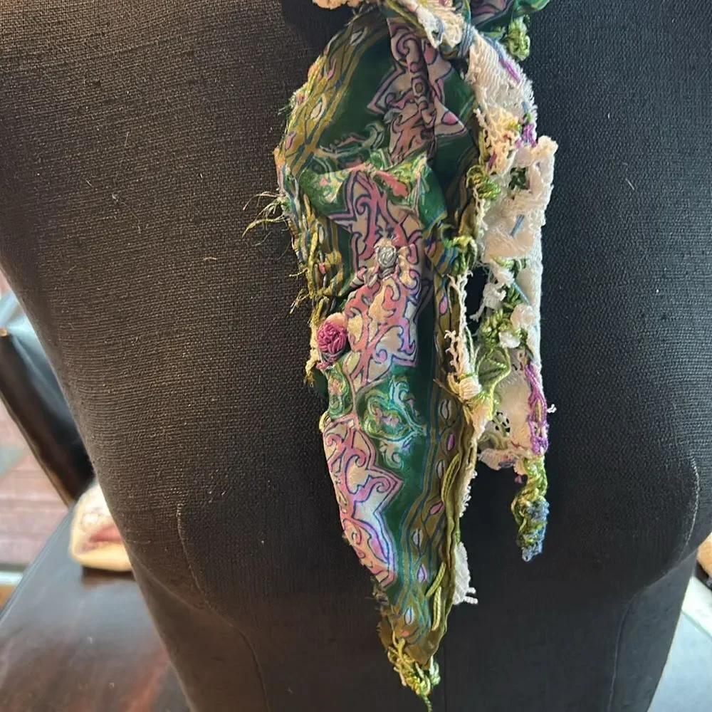 Hand Crafted head scarf hat band antique silk lace embroidered Multi floral